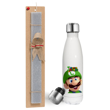 Super mario Luigi, Easter candle, metallic white thermos bottle (500ml) & aromatic flat candle (30cm) (GRAY)