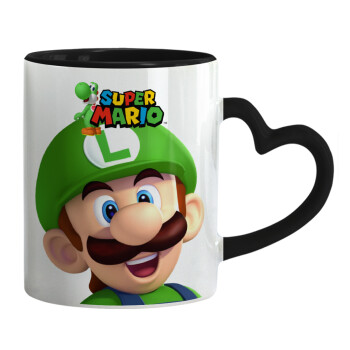 Super mario Luigi, Κούπα καρδιά χερούλι μαύρη, κεραμική, 330ml