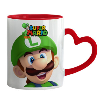 Super mario Luigi, Mug heart red handle, ceramic, 330ml