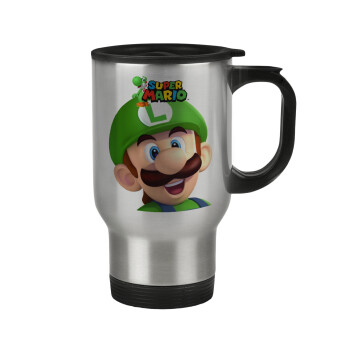 Super mario Luigi, Stainless steel travel mug with lid, double wall 450ml