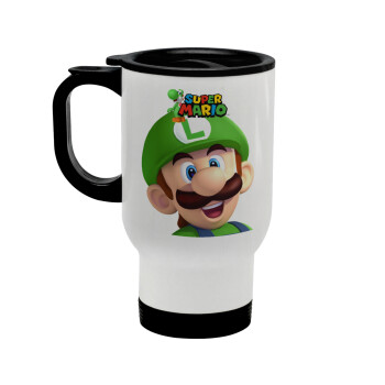 Super mario Luigi, Κούπα ταξιδιού ανοξείδωτη με καπάκι, διπλού τοιχώματος (θερμό) λευκή 450ml