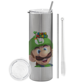 Super mario Luigi, Eco friendly stainless steel Silver tumbler 600ml, with metal straw & cleaning brush