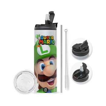 Super mario Luigi, Travel Tumbler θερμό με διπλό καπάκι, μεταλλικό καλαμάκι και βούρτσα καθαρισμού (Ανωξείδωτο 304 Food grade, BPA free, 600ml)