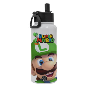 Super mario Luigi, Metal mug thermo White with Straw and Spout Lid (Stainless steel), double wall, 950ml