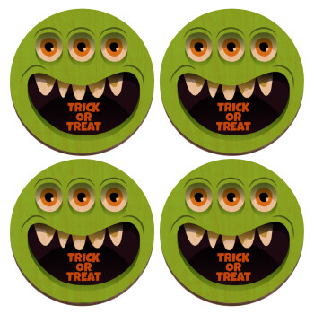 Halloween trick or treat 3 eyes monster, ΣΕΤ x4 Σουβέρ ξύλινα στρογγυλά plywood (9cm)