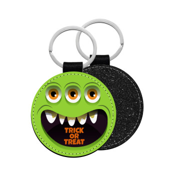 Halloween trick or treat 3 eyes monster, Μπρελόκ Δερματίνη, στρογγυλό ΜΑΥΡΟ (5cm)