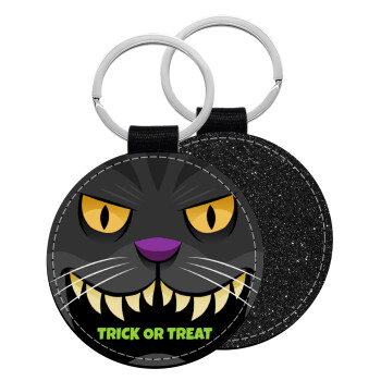 Halloween trick or treat Cat, Μπρελόκ Δερματίνη, στρογγυλό ΜΑΥΡΟ (5cm)