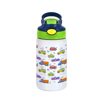 Colorful cars, Children's hot water bottle, stainless steel, with safety straw, green, blue (350ml)