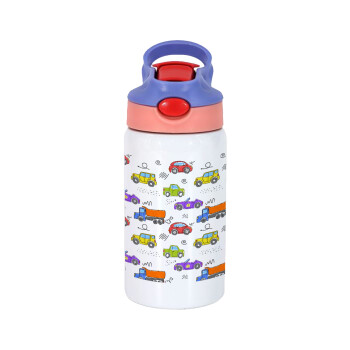 Colorful cars, Children's hot water bottle, stainless steel, with safety straw, pink/purple (350ml)