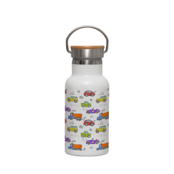 Colorful cars, Metallic thermos (Stainless steel) White with wooden lid (bamboo), double-walled, 350ml