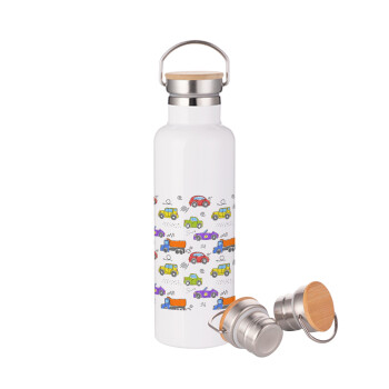 Colorful cars, Stainless steel White with wooden lid (bamboo), double wall, 750ml