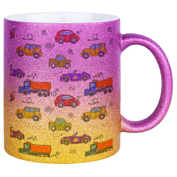 Colorful cars, Κούπα Χρυσή/Ροζ Glitter, κεραμική, 330ml