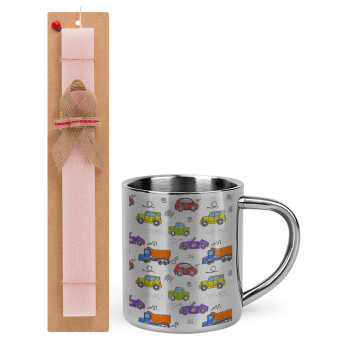 Colorful cars, Easter Set, metallic thermal cup (300ml) & aromatic flat Easter candle (30cm) (PINK)