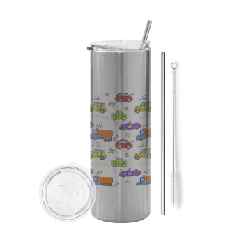 Colorful cars, Tumbler stainless steel Silver 600ml, with metal straw & cleaning brush