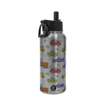 Colorful cars, Metal mug thermo Silver with Straw and Spout Lid (Stainless steel), double wall, 950ml