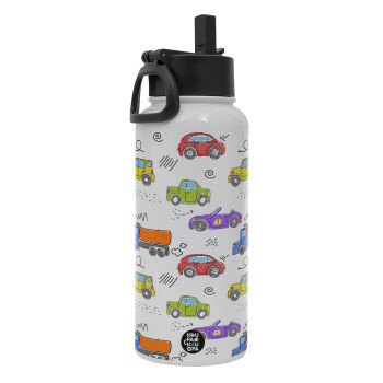 Colorful cars, Metal mug thermo White with Straw and Spout Lid (Stainless steel), double wall, 950ml