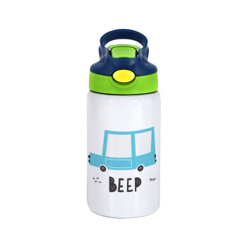 Car BEEP..., Children's hot water bottle, stainless steel, with safety straw, green, blue (350ml)