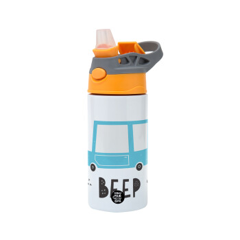 Car BEEP..., Children's hot water bottle, stainless steel, with safety straw, Orange/Grey (360ml) BPA-FREE