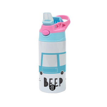 Car BEEP..., Children's hot water bottle, stainless steel, with safety straw, Pink/BlueCiel (360ml) BPA FREE