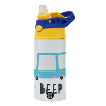 Car BEEP..., Children's hot water bottle, stainless steel, with safety straw, green, blue (360ml) BPA FREE