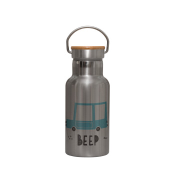 Car BEEP..., Stainless steel metallic thermos flask, silver with a bamboo lid, double-walled, 350ml.