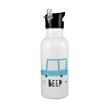Car BEEP..., Παγούρι νερού Λευκό με καλαμάκι, ανοξείδωτο ατσάλι 600ml