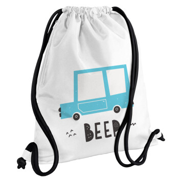 Car BEEP..., Τσάντα πλάτης πουγκί GYMBAG λευκή, με τσέπη (40x48cm) & χονδρά κορδόνια