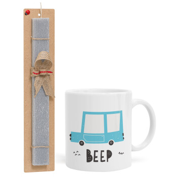 Car BEEP..., Easter Set, Ceramic Cup (330ml) & Easter aromatic flat candle (30cm) (GRAY)