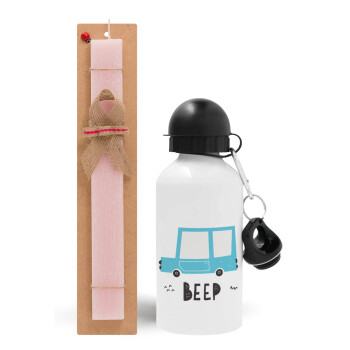 Car BEEP..., Easter Set, metallic aluminum bottle (500ml) & aromatic flat Easter candle (30cm) (PINK)