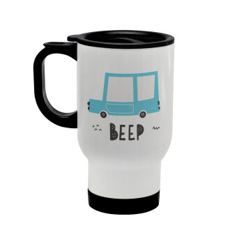 Car BEEP..., Κούπα ταξιδιού ανοξείδωτη με καπάκι, διπλού τοιχώματος (θερμό) λευκή 450ml
