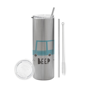 Car BEEP..., Tumbler stainless steel Silver 600ml, with metal straw & cleaning brush