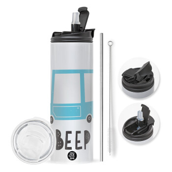 Car BEEP..., Travel Tumbler θερμό με διπλό καπάκι, μεταλλικό καλαμάκι και βούρτσα καθαρισμού (Ανωξείδωτο 304 Food grade, BPA free, 600ml)