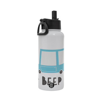 Car BEEP..., Metal mug thermo White with Straw and Spout Lid (Stainless steel), double wall, 950ml