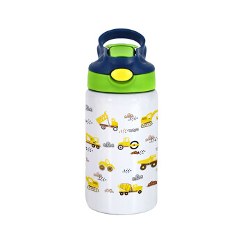 Car construction, Children's hot water bottle, stainless steel, with safety straw, green, blue (350ml)