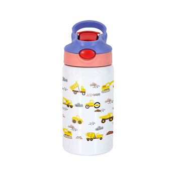 Αμαξάκια φορτωτές και μπουλντόζες, Παιδικό παγούρι θερμό, ανοξείδωτο, με καλαμάκι ασφαλείας, ροζ/μωβ (350ml)