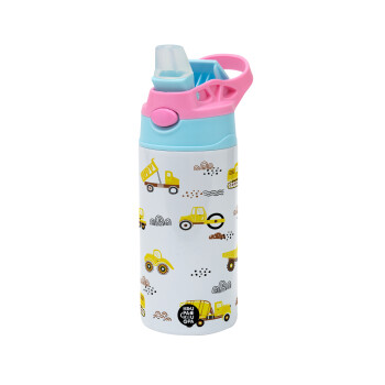 Car construction, Children's hot water bottle, stainless steel, with safety straw, Pink/BlueCiel (360ml) BPA FREE