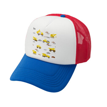 Car construction, Adult Soft Trucker Hat with Red/Blue/White Mesh (POLYESTER, ADULT, UNISEX, ONE SIZE)