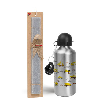 Car construction, Easter Set, metallic silver aluminum water bottle (500ml) & aromatic flat Easter candle (30cm) (GRAY)