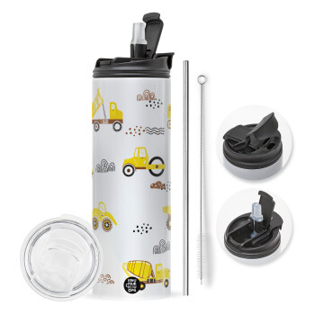 Car construction, Travel Tumbler 2 Lids, with metal straw & cleaning brush (Stainless steel 304 Food grade, BPA free, 600ml)