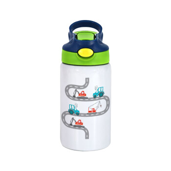 excavator along road, Children's hot water bottle, stainless steel, with safety straw, green, blue (350ml)