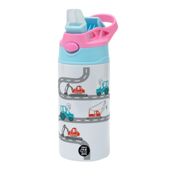 excavator along road, Children's hot water bottle, stainless steel, with safety straw, Pink/BlueCiel (360ml) BPA FREE