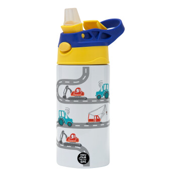 excavator along road, Children's hot water bottle, stainless steel, with safety straw, green, blue (360ml) BPA FREE