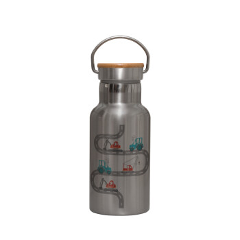 excavator along road, Stainless steel metallic thermos flask, silver with a bamboo lid, double-walled, 350ml.