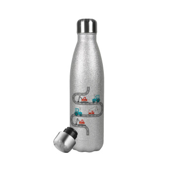 excavator along road, Metallic Glitter Silver Thermos Flask (Stainless steel), double-walled, 500ml