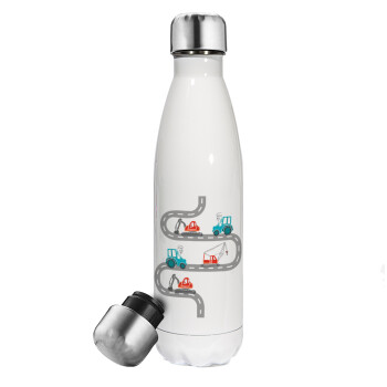 excavator along road, Metal mug thermos White (Stainless steel), double wall, 500ml