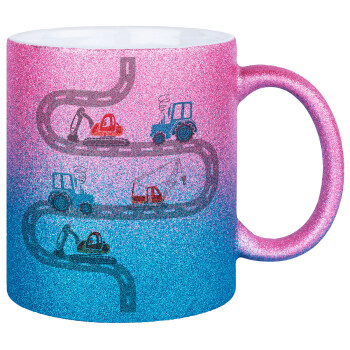 excavator along road, Κούπα Χρυσή/Μπλε Glitter, κεραμική, 330ml