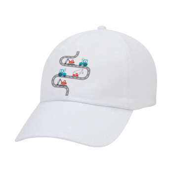 excavator along road, Adult Baseball Cap White 5-panel (POLYESTER, ADULT, UNISEX, ONE SIZE)