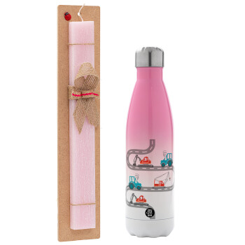 excavator along road, Easter Set, Metallic pink/white (Stainless steel) thermos, double-walled, 500ml & aromatic flat Easter candle (30cm) (PINK)