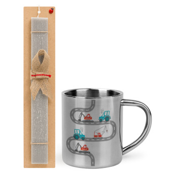 excavator along road, Easter Set, metallic thermal cup (300ml) & Easter aromatic flat candle (30cm) (GRAY)