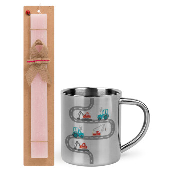 excavator along road, Easter Set, metallic thermal cup (300ml) & aromatic flat Easter candle (30cm) (PINK)